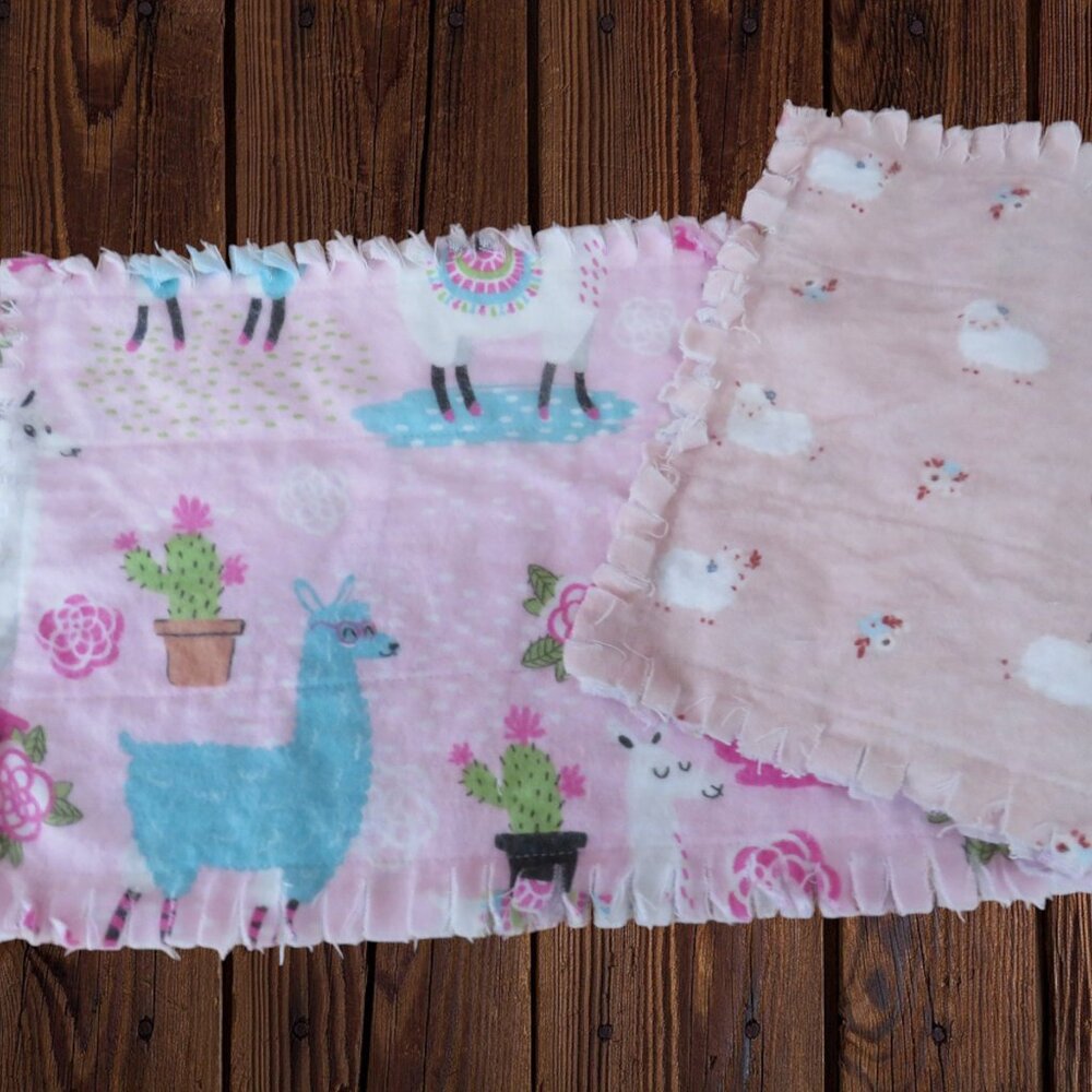 Burp Cloth, Flannel Rag Quilt Style, Reversible Llamas and Sheep, Set of 4